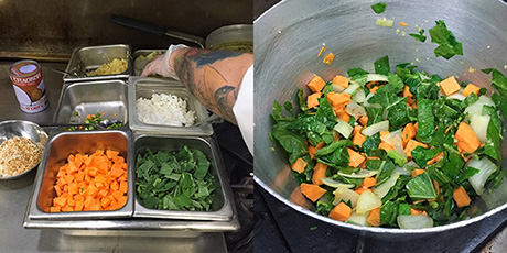 Cooking sweet potato and kale soup