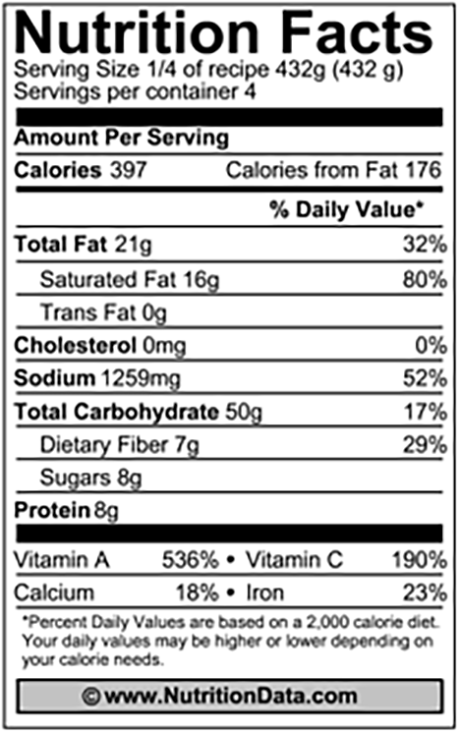 Sweet Potato and Kale soup nutrition label