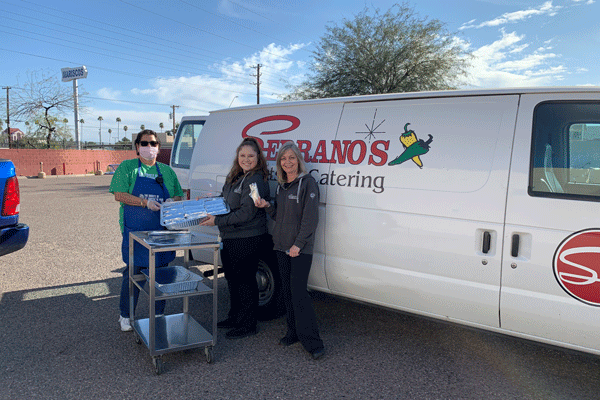 Serrano's Mexican Restaurants drops off meals to SVdP's Mesa Dining Room. Serrano's was one of 19 restaurant partners.