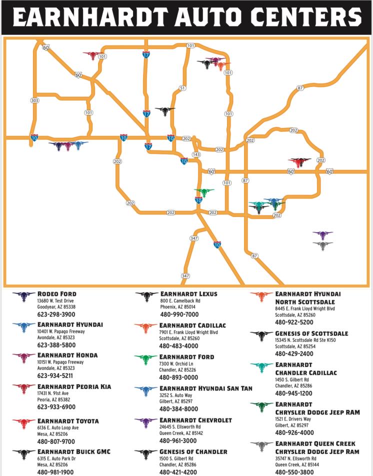 Map of Earnhardt auto locations for bike drop off in the Valley