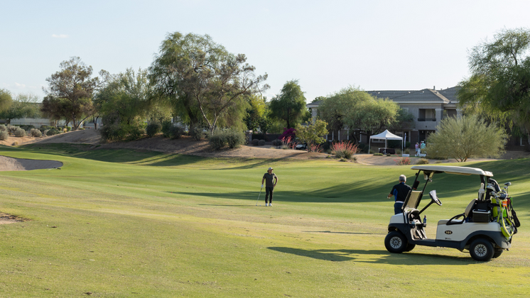 Man and golf cart on a golf course