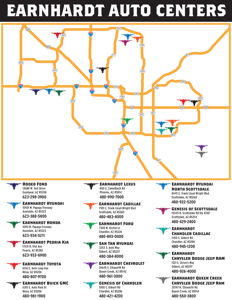 Map of Earnhardt auto locations for bike drop off in the Valley