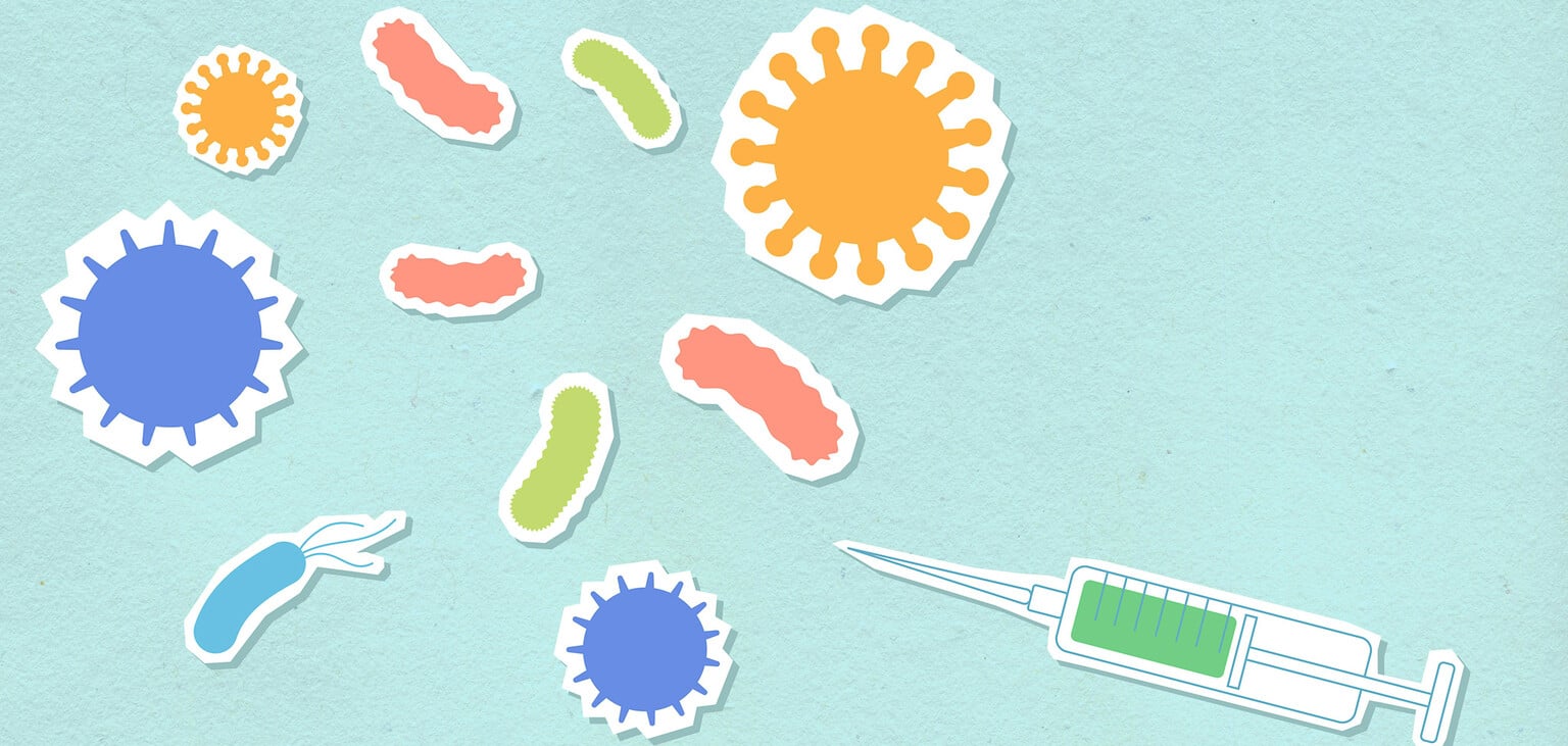 A graphic showing viruses, bacterium, and a vaccine.