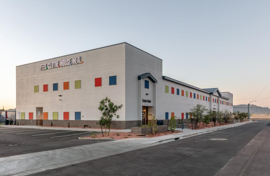 Wide shot of the exterior of a building