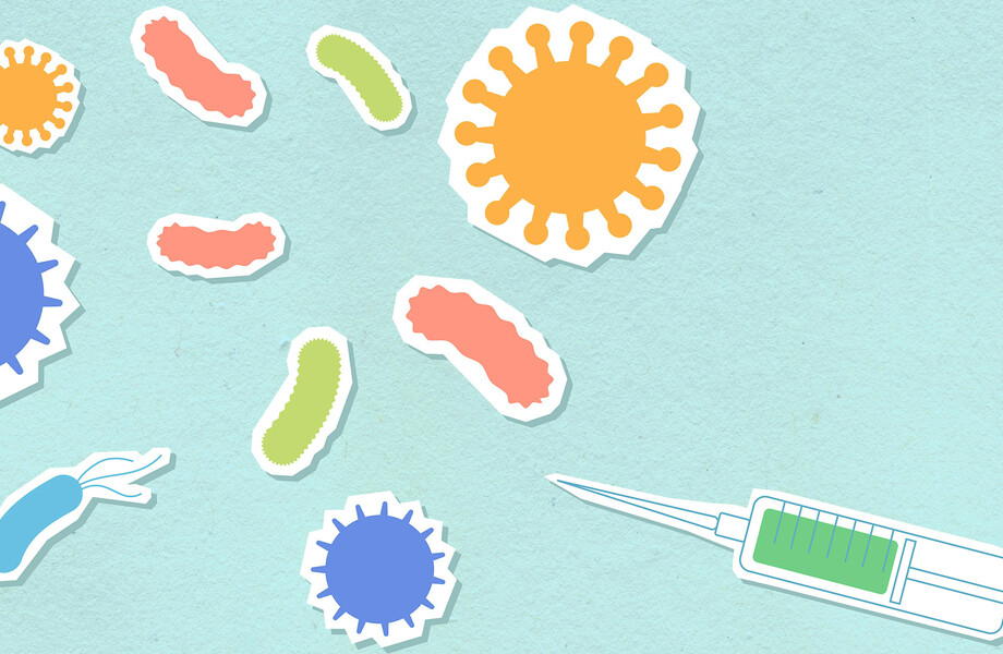 A graphic showing viruses, bacterium, and a vaccine.