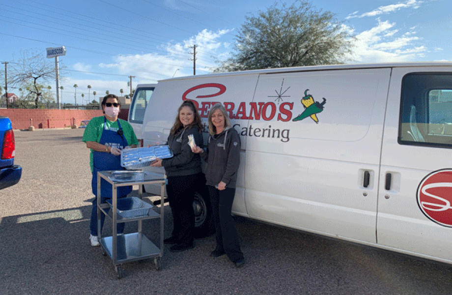 Serrano's Mexican Restaurants drops off meals to SVdP's Mesa Dining Room. Serrano's was one of 19 restaurant partners.