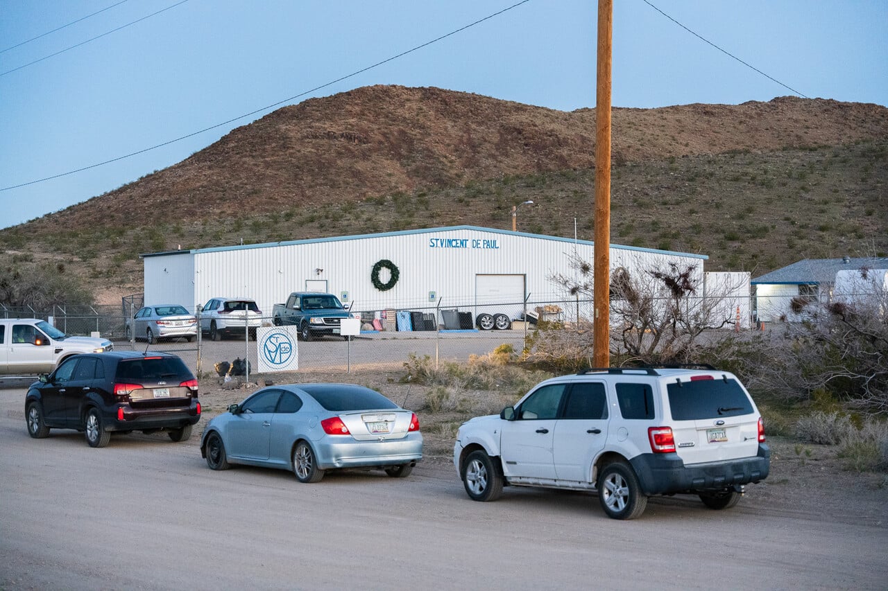 Cars line up outside Dolan Springs' SVdP. 